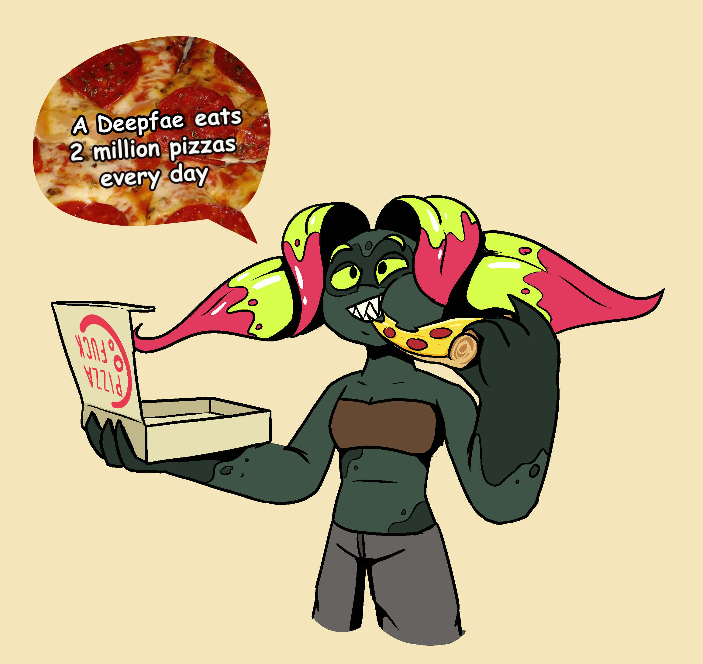 Pitch eating a slice of pizza, holding the open box in her other hand. A speech bubble reads 